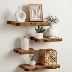 Pinkunn 4 Pcs Floating Shelves for Wall Wooden Live Edge Shelf Wall-Mounted Natural Solid Wood Bedroom Kitchen Storage Living Room Nursery Decor (23.6/15.8/7.9 Inch)