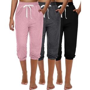 Ficerd 3 Pcs Women's Capri Sweatpants Joggers Summer Casual Sports Cropped Lounge Pants High Waisted Athletic with Pockets, Size: M