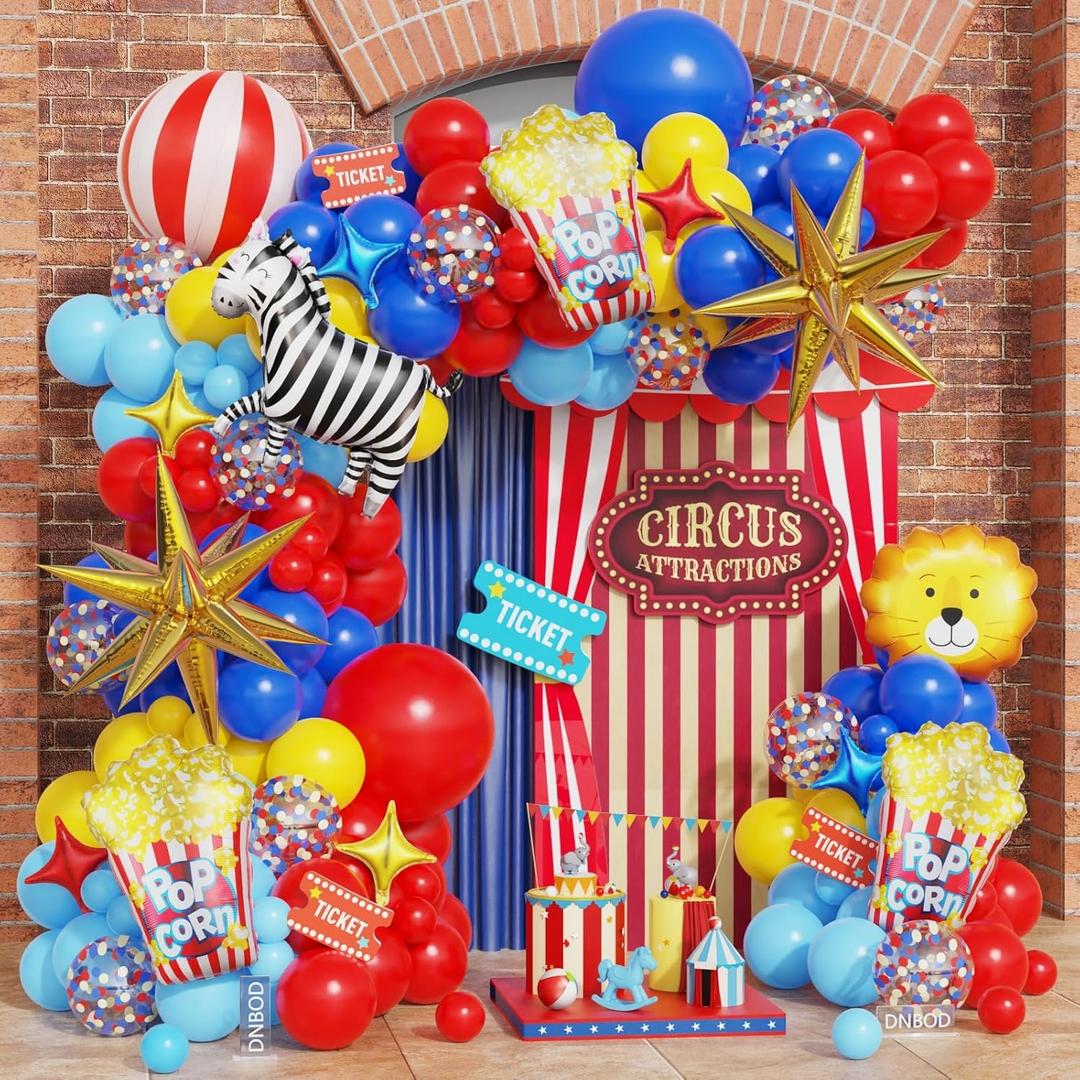 Carnival Circus Balloon Arch Kit,146Pcs Red Yellow Blue Balloon Garland with 4D Red White Stripe,Popcorn,Zebra,Lion,Explosion Star Foil Balloons for Birthday Carnival Circus Theme Party Decorations