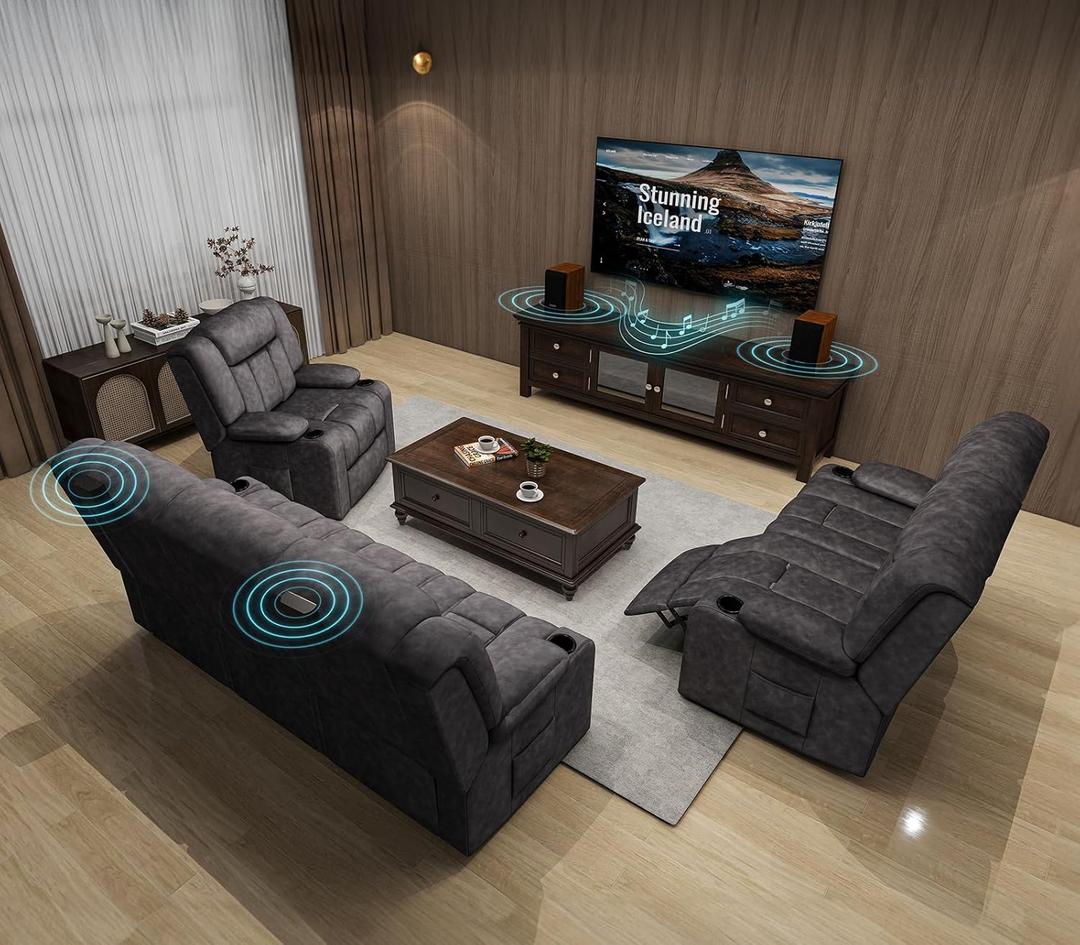 COMHOMA Loveseat Recliner Sofa,Fabric Home Theater Seating Seats,RV Manual Reclining Chair with Bluetooth Speakers,Living Room Furniture Set3+2+1