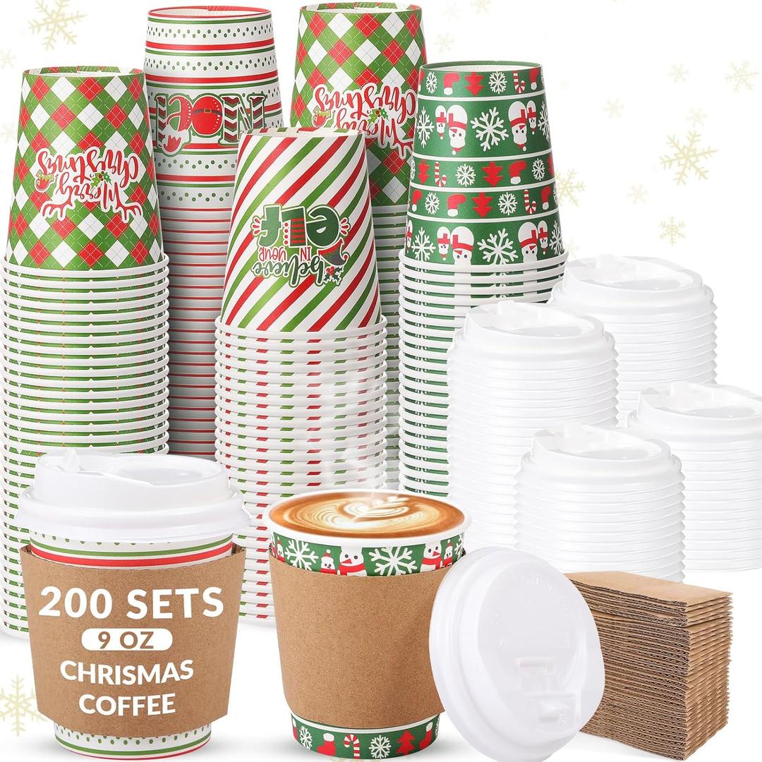 Cunhill 200 Sets Christmas Disposable Coffee Cups with Lids and Sleeves Christmas Paper Cups for Holiday Party Drinks Cold Beverage Hot Cocoa Chocolate Drinking (9 oz)