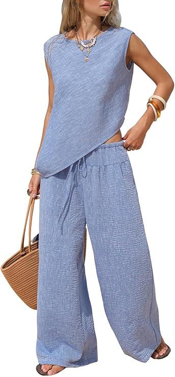 EXLURA Womens Summer Two Piece Sets Cotton Asymmetrical Tank Tops Wide Leg Pants Set Faux Linen Beach Vacation Cruise Outfits, Large