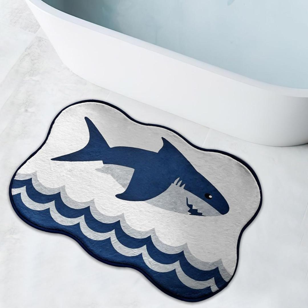 Luxury Shark Bathroom Rugs, Cute Blue Bath Mat with Navy Blue Wave Design, Extra Soft Microfiber Non-Slip Mat for Tub & Shower,Trendy Aesthetic Fun Preppy Decor, 1'11" x 1'4"