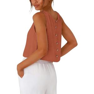 Tank Tops Women Cotton Linen Crop Top Round Neck Basic Vest Tops Women Solid Color Button Back Sleeveless Blouse Loose Fit Lightweight Breathable Crop Top Trendy For