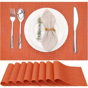 Myir JUN Placemats Set of 8, Vinyl Woven Placemats Place Mats Indoor Set of 8 Washable Table Mats Non-Slip Place mats for Dining Table (Orange, Set of 8)