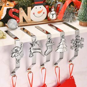 Christmas Stocking Holders for Mantle Set of 5, Weighted Stocking Hangers for Mantel Fireplace, Stocking Hooks for Xmas Decoration (Silver)