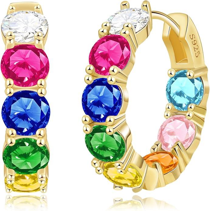 14K Gold Plated Hoop Earrings for Women,Silver Huggie Earrings for Women Cubic Zirconia Small Earring CZ Inside-Outside Hoop Earrings Clear,Hot Pink,Black,Red,Green,Multicolored Earrings
