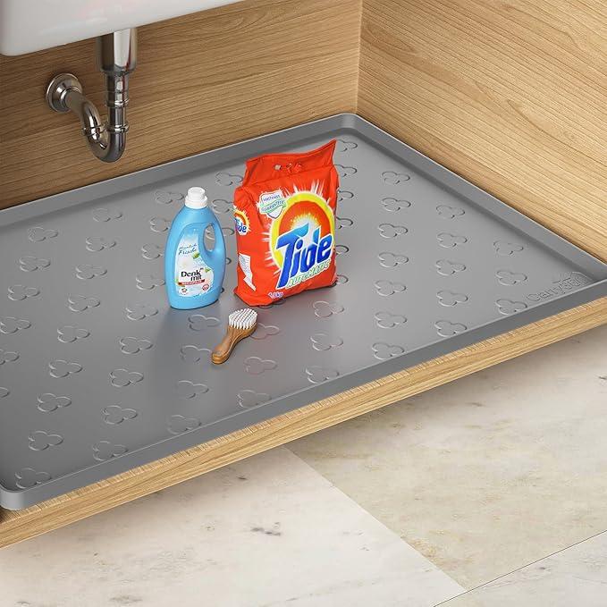 Under Sink Mat - Waterproof Kitchen Cabinet Tray - 34" x 22" Flexible Silicone Under Sink Liner - Kitchen Bathroom Cabinet Mat and Protector for Drips Leaks Spills