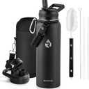 Insulated Water Bottle 40 oz, Triple Wall Vacuum Stainless Steel (Cold for 48 Hrs), Leak Proof & Non-BPA, Modern Water Flask Jug with Paracord Handle & Straw Spout Lids, Magic Black