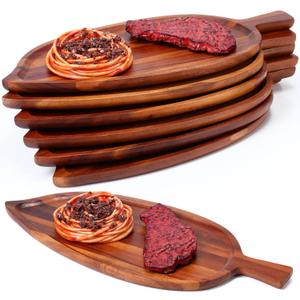 Rtteri 6 Pcs Acacia Wood Serving Trays 16" X 6.7" Novelty Leaf Shaped Wooden Dinner Plates for Snacks, Cookies, Fruits Cheese Display Food Dish Home Office