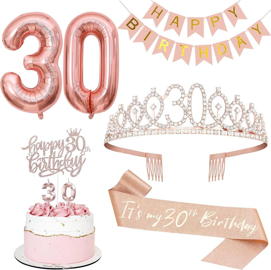 30th Birthday Decorations for Her, Including 30th Tiara and Sash, Happy Birthday Banner, Cake Toppers, Number Candles and Balloons Set, Rose Gold