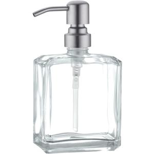 Clear Glass Soap Dispenser with Brushed Nickel Pump, 13.5 OZ Liquid Soap Dispenser Square with Stainless Steel Pump for Dish Hand Soap Bathroom Kitchen Vanity Countertop