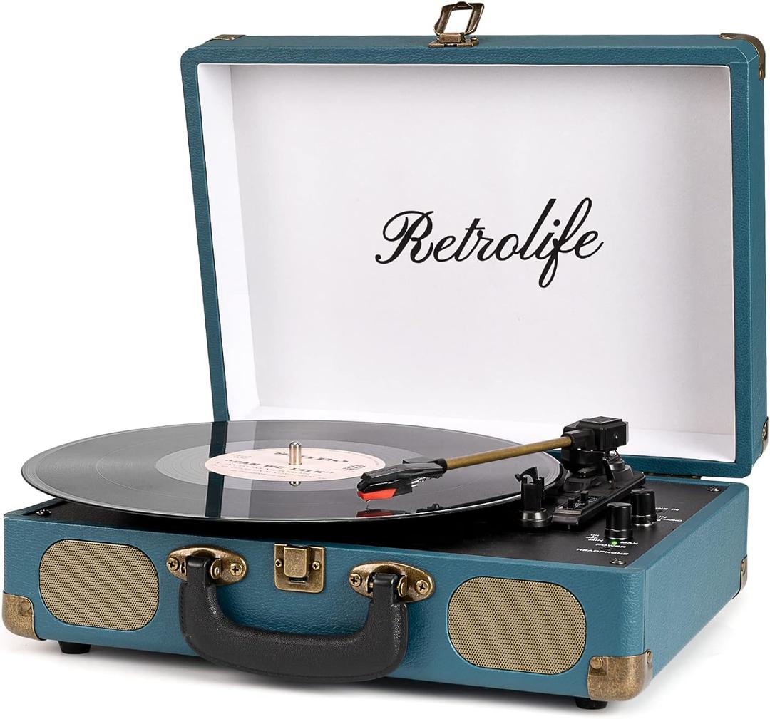 Vinyl Record Player 3-Speed Bluetooth Suitcase Portable Belt-Driven Record Player with Built-in Speakers RCA Line Out AUX in Headphone Jack Vintage Turntable Coral Blue
