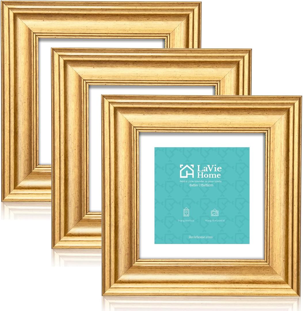LaVie Home 6x6 Picture Frames (3 Pack, Gold) with Mat for 4x4 Photos Rustic Wood Grain Photo Frame with High Definition Glass for Wall Mount & Table Top Display, Set of 3 Square Frame