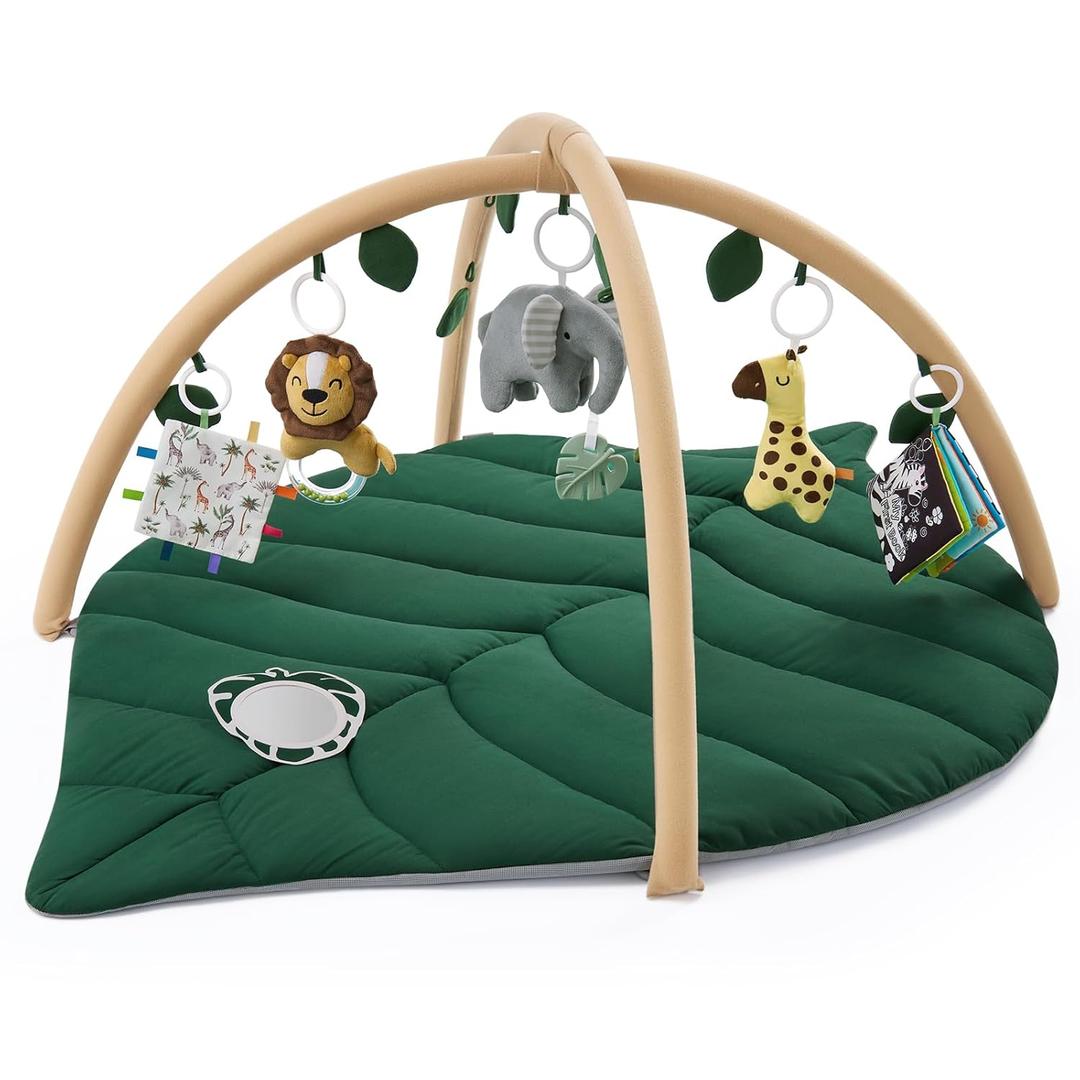 Blissful Diary Baby Play Gym & Activity Mat, Oversize Leaf Shaped Tummy Time Baby Play Mat w 6 Detachable Toys Promotes Motor Skills & Sensory Development, Newborn Infant Essentials Gift, Forest Green