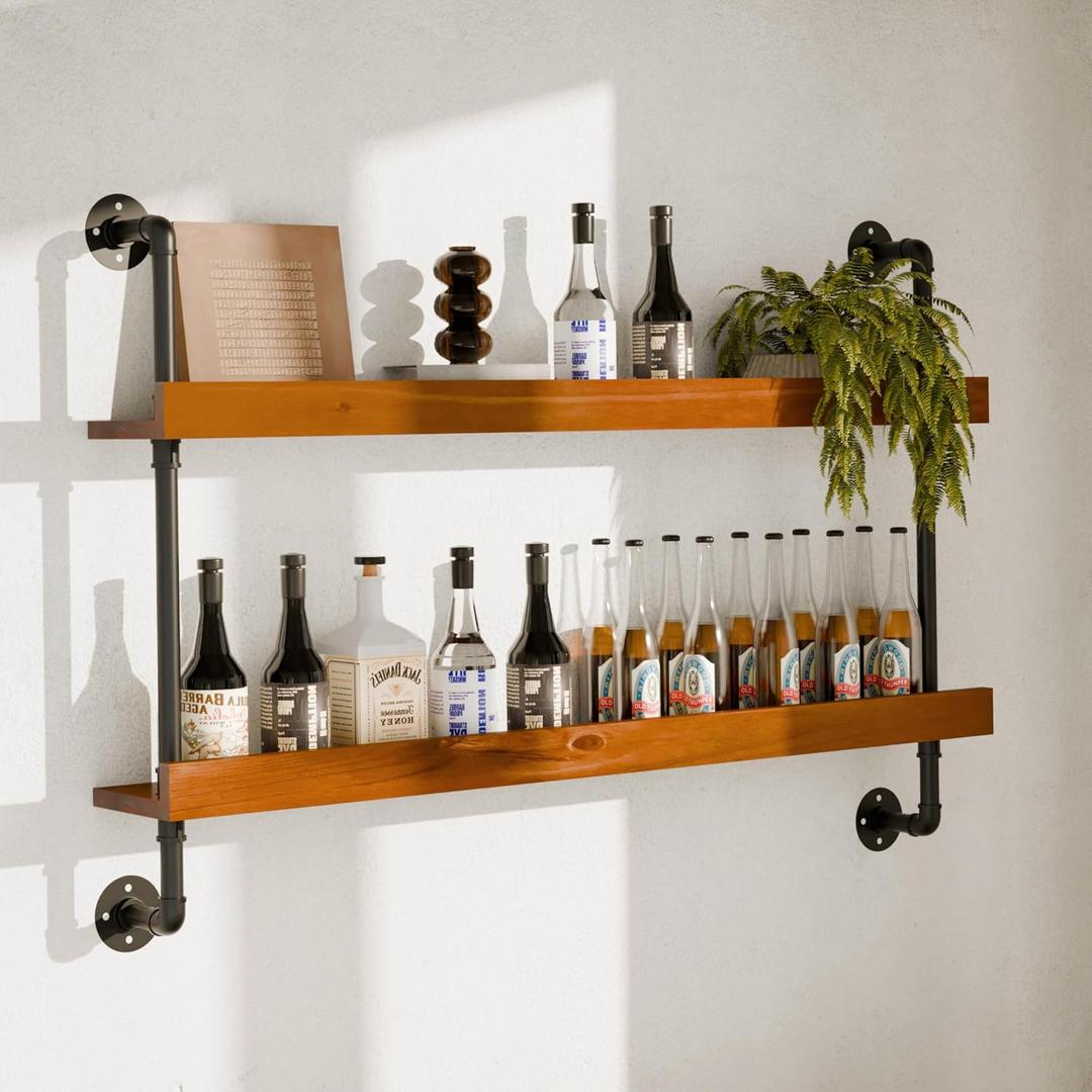 Industrial Wine Rack Wall Mounted, Solid Wood Shelf with Metal Pipe Brackets, 2-Tier Rustic Hanging Organizer for Wine Bottle Storage in Kitchen, Bar, Pub, Cellar(Walnut Brown, 48 Inch), S2T48