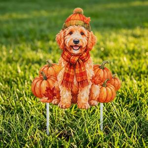 Fall Golden Doodle Decor Outdoor - Golden Doodle Decor Fall Dog Metal Yard Stakes Welcome Autumn Yard Sign for Home Decorations 26.2×12.5 Inch
