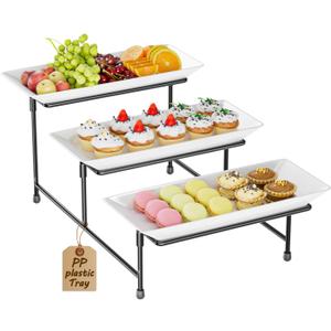 3 Tier Serving Tray for Party, 12.8"x7.5" BPA Free Food Grade Shatterproof Tiered Serving Platters with Steel Stand, Collapsible Dessert Display for Wedding, Graduation, BBQ, Holiday Events, Black