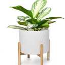 LaDoVita Ceramic Plant Pot with Stand, 10 Inch Planter with Wood Shelf, Modern Round Flower Pots Indoor with Wood Planter Holder, White Water Ripple Pattern