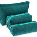 3 Pcs Makeup Bag Set for Women Corduroy Cosmetic Pouch Aesthetic Smile Travel Toiletry Bag Cute Purse Pouch Pencil Case Makeup Brushes Storage Organizer with Zipper(Dark Green,Solid Style)