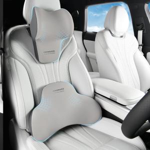 Coverado Lumbar Support and Headrest Pillow for Car, Memory Foam Ergonomic Head Neck Support Pillow for Driving Seat, Back Support and Pain Relief, Seat Cushion for Car, Driver, Office (2 Peices, Gray2)
