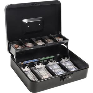 Cash Box with Money Tray and Combination Lock, Lock-Durable Metal Cash Box with Money Tray, 5 Compartments for Cions & 4 Spring-Loaded Clips for Bills, 11 4/5" x 9 2/5" x 3 1/2", Black