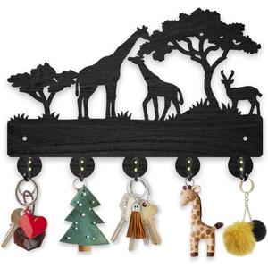MAYJOYDIY Africa Giraffe Coat Rack Wood Key Holder 11.87.9inch Giraffe Family Deer Decorative Wall Hooks 5 Alloy Hooks Animal Tree Black Wall Hanger for Gifts Entryway Room Home