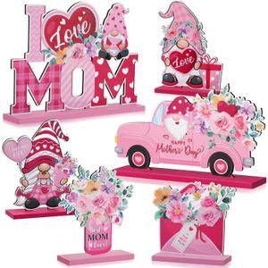 Blosssound 6 Pcs Mother's Day Wooden Centerpieces Table Decorations Happy Mother's Day Table Topper Signs Wood Table Centerpieces for Mother's Day Party Gift Dinner Table Home Decor (Pink Red)