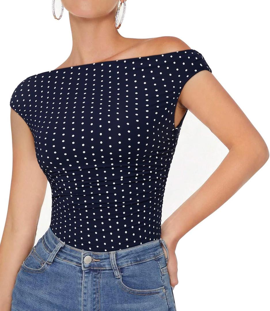 OMKAGI Women One Off Shoulder Y2K Tops Double Lined Slim Fit T Shirts Basic Tees (Blue, M)