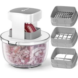 KEOUKE Multifunctional Vegetable Chopper Bowl White - 3 Interchangeable Blades Potato French Fry Cutter with Container & Storage Box Food Chopper Dicer for Cucumber, Tomato, Carrot, Onion