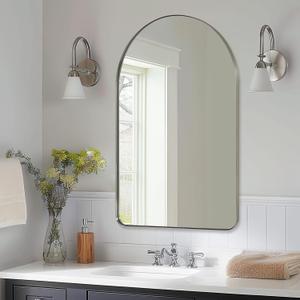ANDY STAR Arched Mirror, 22" x 35" Brushed Nickle Bathroom Mirror in Stainless Steel Metal Frame, Arch Top Rounded Corner 1" Deep Set Design Wall Mount Hangs Vertical