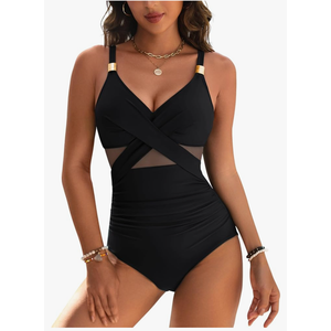 Blooming Jelly Womens One Piece Swimsuit Metal Modest Tummy Control Bathing Suit Slimming Full Coverage Mesh Swim Suits Size M