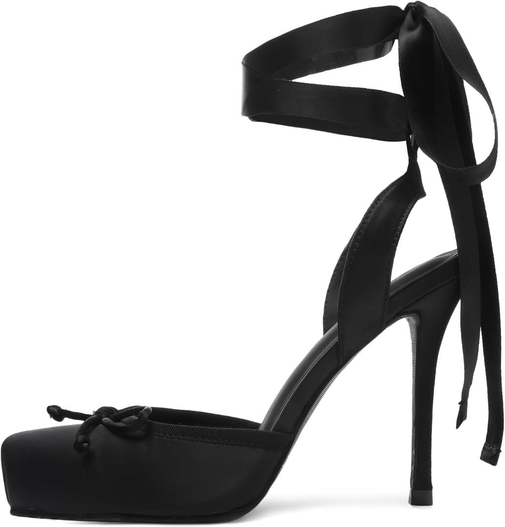 Satin Ballet Heels for Women Closed Square Toe Bow Ballerina Heels Lace Up High Heel Slingback Pumps Strappy Stiletto Mary Janes Elegant Party Shoes (8, Black)