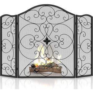 Fireplace Screen 3 Panel Wrought Iron 50"(L) x 36"(H) Modern Stylish Foldable Safety Fire Place Fence Spark Guard Cover Black