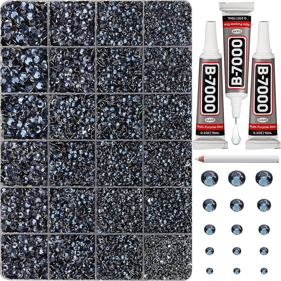 33000Pcs Navy Blue Rhinestones for Bedazzling, Bedazzler Kit with Flatback Craft Resin Crystals Bulk and B7000 Glue, 2,3,4,5,6mm Flat Back Diamonds Jewels Gems for Craftings, Crafts, Clothes, Shoes