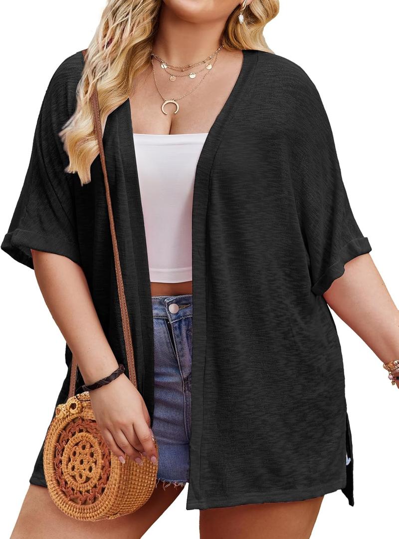 IN'VOLAND Womens Plus Size Lightweight Cardigan Open Front Short Sleeve Casual Loose Fit Beach Cover Up (Black) 1