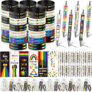 Sayglossy 60 Sets Gay Pride Gifts Bulk Rainbow Silicone Bracelets with Bookmarks and Love is Love Pens for LGBTQ Lesbian Support Party Favor Parade Events Accessories