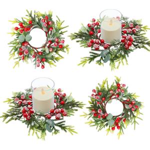 4 Pack Christmas Candle Rings Mini Wreath Artificial Candle Ring with Red Berry 2.76inch, Snowy Pine Garland Candle Ring Holder for Xmas Kitchen Cabinet Christmas Decorations Table Centerpiece