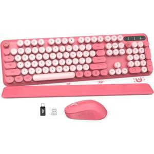 Wireless Keyboard Round Keycaps, Full-Size Retro Typewriter Keyboard with Detachable Wrist Rest, Sleep Mode & Tilt Legs, 2.4GHz Cordless Connection for Mac/Windows/PC (Hot Pink)