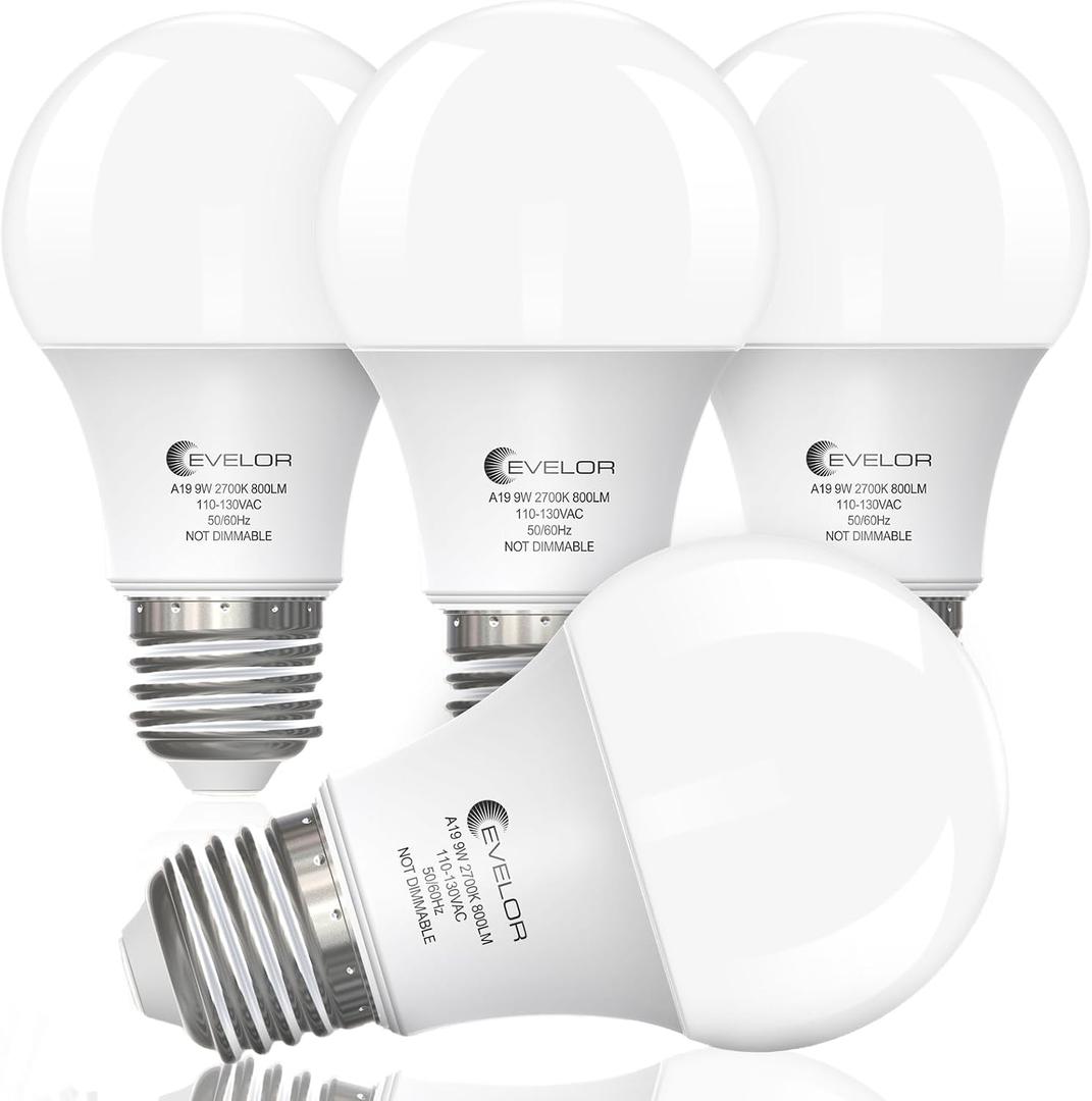 2 x evelor A19 LED Light Bulbs,60 Watt Equivalent Soft White 2700K with E26 Base,Efficient 9W,800 Lumens Non-Dimmable Warm White LED Bulbs,15000 Hours, Ideal for Bedroom Living Room 4-Pack