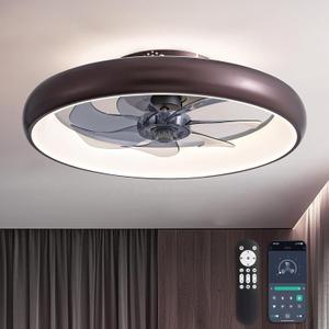 Ceiling Fan with Lights and Remote, 20'' Low Profile Flush Mount, 6 Wind Speeds, Modern Dimmable LED, Smart for Bedroom, Kids Room (Brown)
