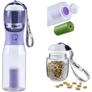 Cibaabo Dog Water Bottle with Food Container & Poop Bag Holder, Travel Water Bowl, Portable Pet Dispenser, Dog Gifts Stuff Accessories Items, Puppy Essentials for Yorkie Chihuahua Walking Hiking (20oz, #05 Purple)