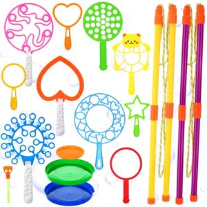 Lenwen 16 Pcs Giant Bubble Wands Kit Big Maker Toy Large Gigantic Bubble Wands with Refill and Tray for Summer School Birthday Outdoor Playtime Fun Activity Party Favors (Various)