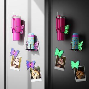 Luminous Butterfly Magnetic Cup Holder for Fridge, Upgraded PE-Coated Metal Stanley Tumbler Organizer with Glow-in-the-Dark Magnet Coaster & Adhesive Mount for Kitchen, Bedroom, Camping