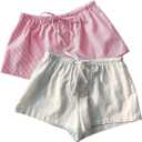MakeMeChic Women's 2 Pack Linen Shorts Striped Gingham Summer Beach Pajama Boxer Shorts, Medium