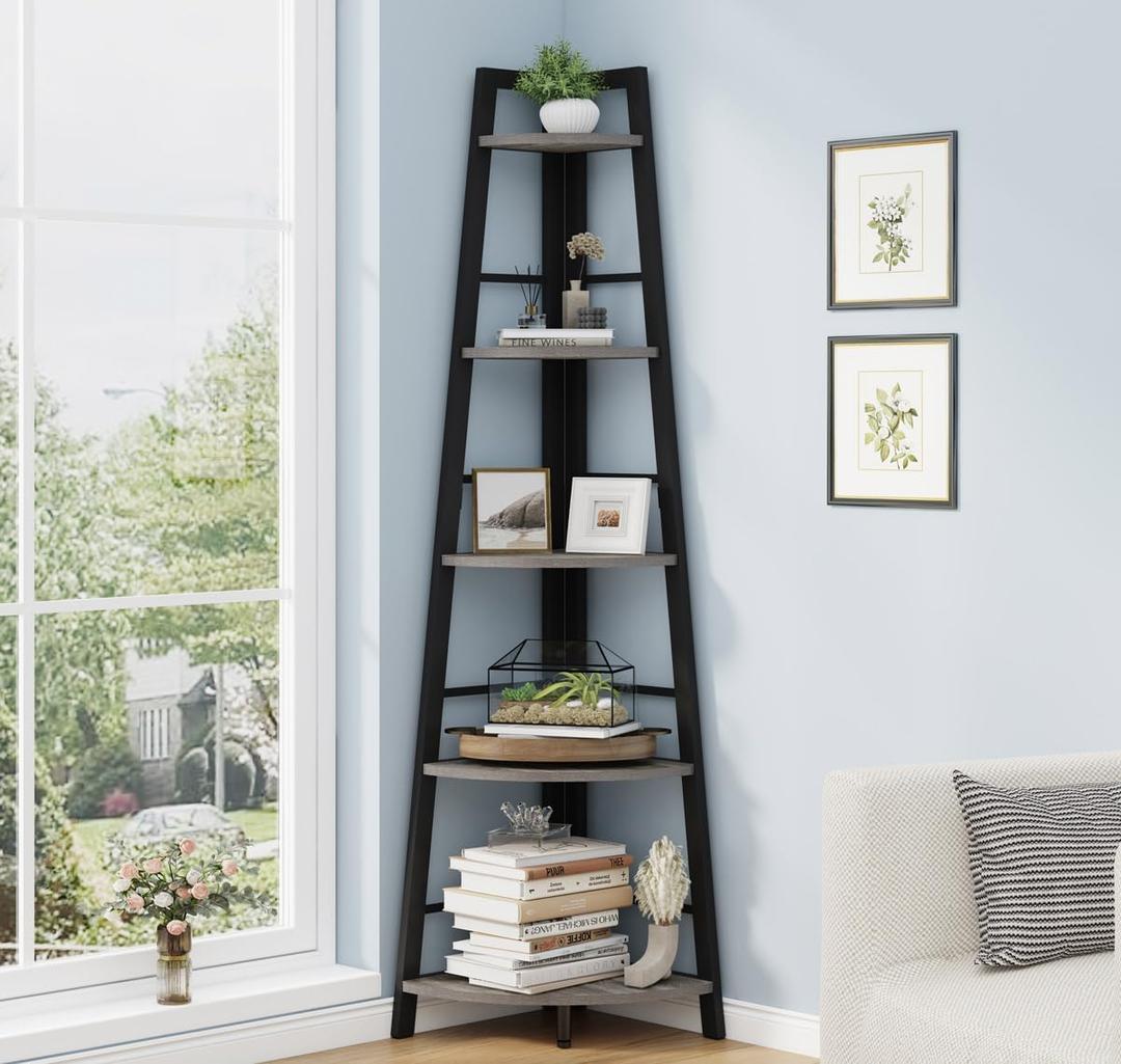 BON AUGURE Rustic Tall Corner Bookshelf, 5 Tier Wood and Black Metal Corner Ladder Shelf, Industrial Corner Bookcase and Gray Corner Shelf for Living Room, Bathroom, Kitchen (Dark Gray Oak)