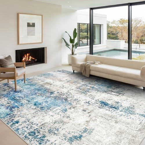 AREAMAY Washable Area Rugs for Living Room 9x12 - Large Neutral Modern Abstract Rug, Soft Low Pile Carpet with Non Slip Backing for Under Dining Room Table, Bedroom, Home, Office, Dorm - Blue Gray
