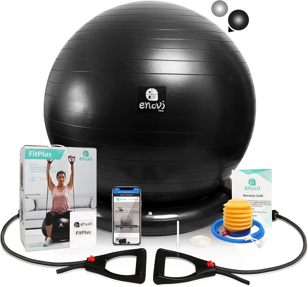 Fit+ Ball Chair & Stability Ball Set - Adjustable Resistance Bands, Ring Base for Home Gym Workout, Relieves Back Pain - Multiple Color & Size (65cm (Height 5'4" - 5'10"), Black)