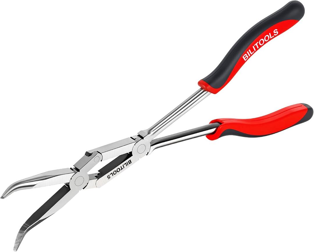 BILITOOLS 13" Extra Long 45 Bent Nose Pliers, Double Joint Long Reach Pliers with Serrated Jaws, Angled Needle Nose Pliers for Tight Space Access