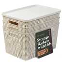 BINO | Plastic Storage Baskets with Lids, 22 Liter - 3 Pack, Natural | THE WOVEN COLLECTION | Storage Basket for Shelves | Woven Storage Baskets for Organizing Bins | Pantry Shelf Organizer Bin
